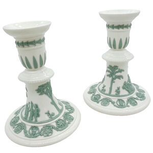 Wedgwood Queensware Green Celadon Cream Pair Candlesticks Vintage Candle Holder